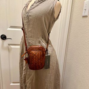 GENICCI Genuine Cognac Brown Leather Woven Phone Crossbody Sling adjustable Bag.